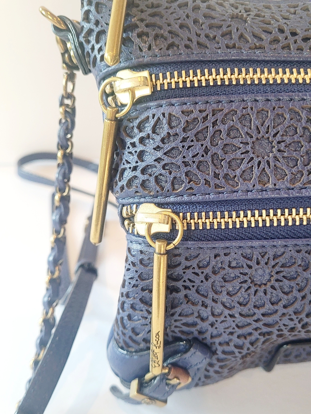 Elliott Lucca Navy Laser-Cut Floral Crossbody with Gold Hardware - Picture 2 of 8